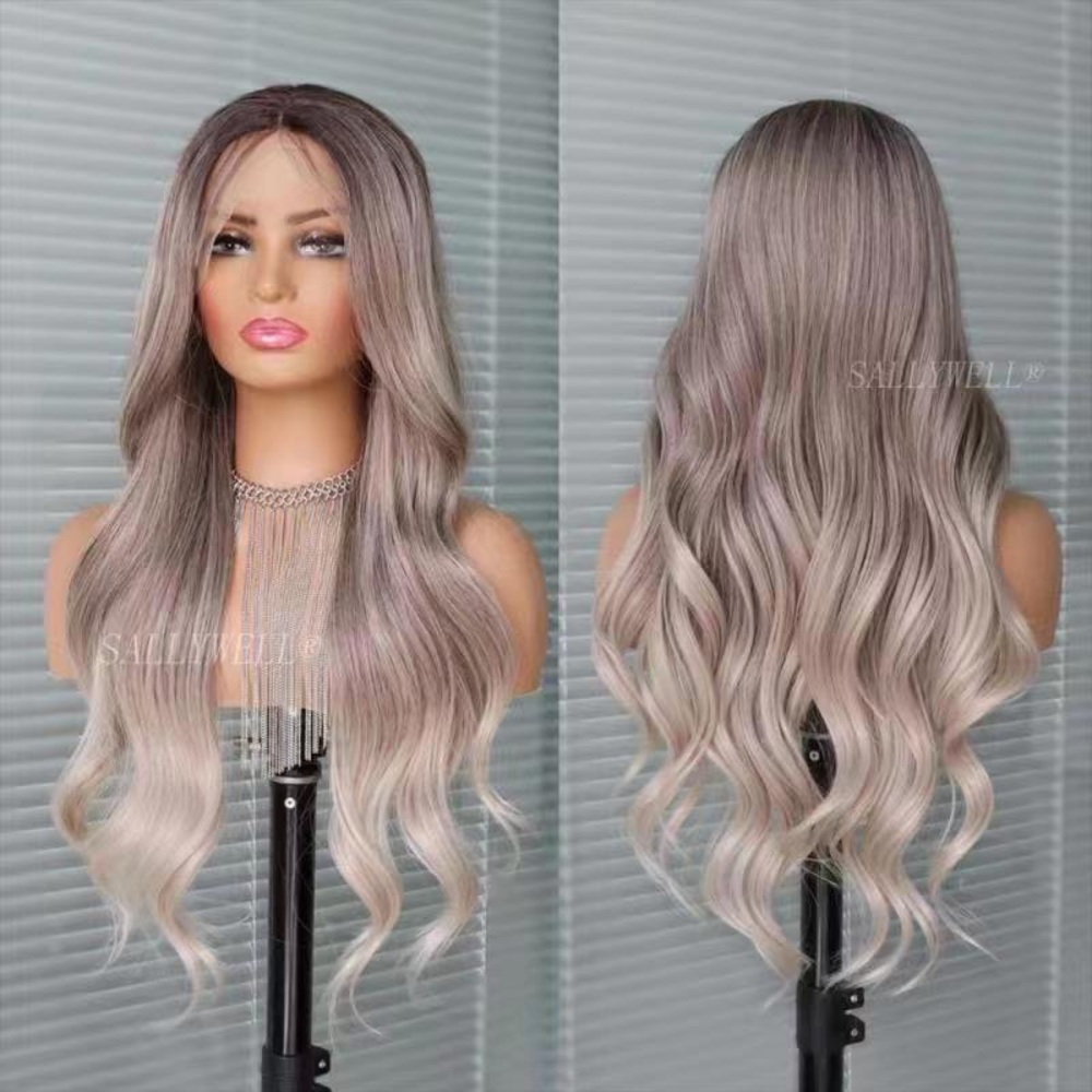 Ash Blonde Wig with Bangs Long Wavy Ombre Brown to Blonde Wig Synthetic Wigs